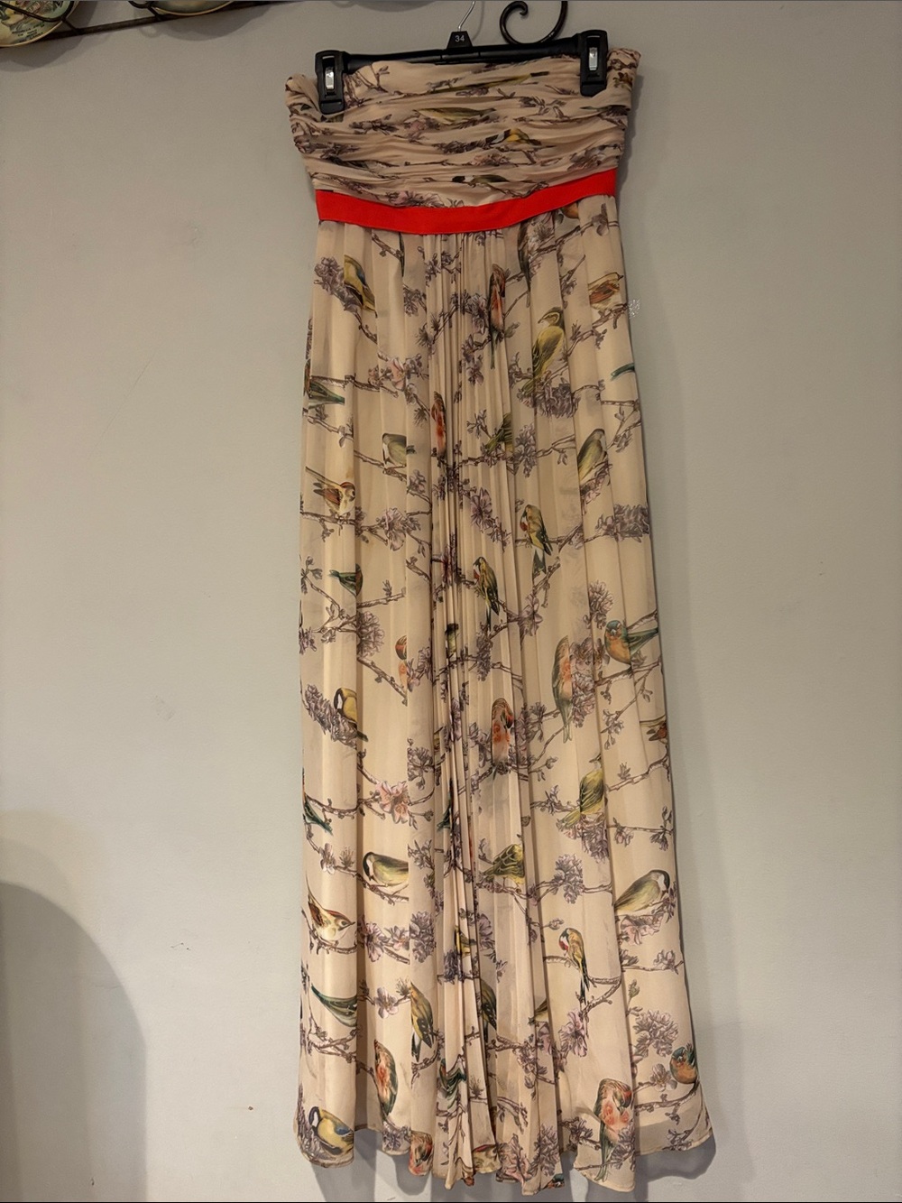 Ted Baker London dress Cream Bird-Print Pleated Maxi Skirt with Red Waistband